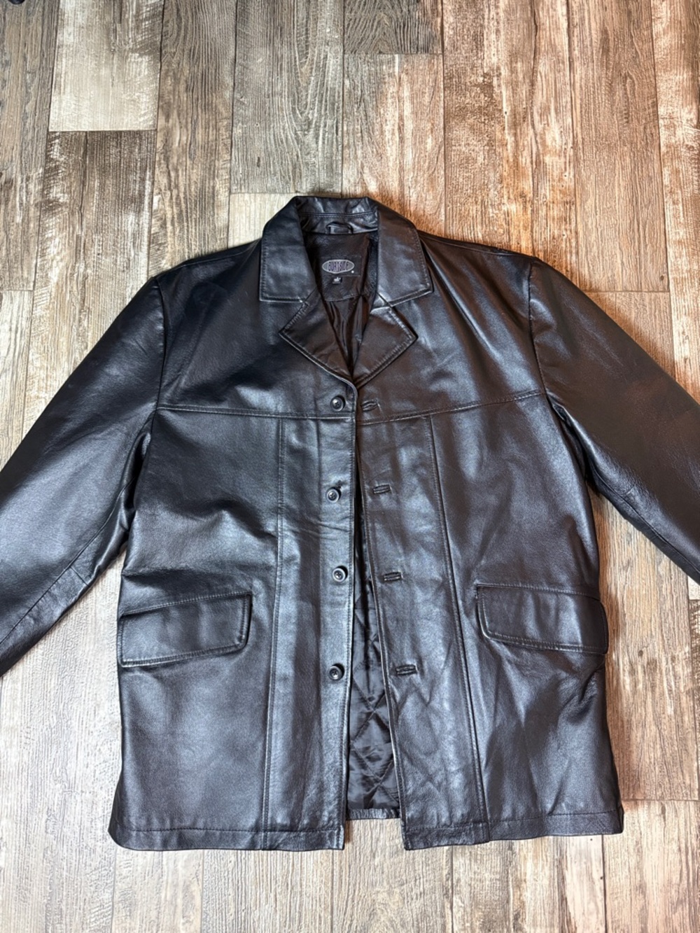 Burnside Black Leather Button-Front Trench Men Coat, Large